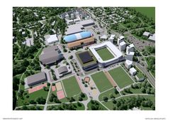 Suuntaa-antava havainnekuva (pohjoisesta) Tapiolan urheilupuiston uudistuksesta, joka valmistuu vuonna 2029.