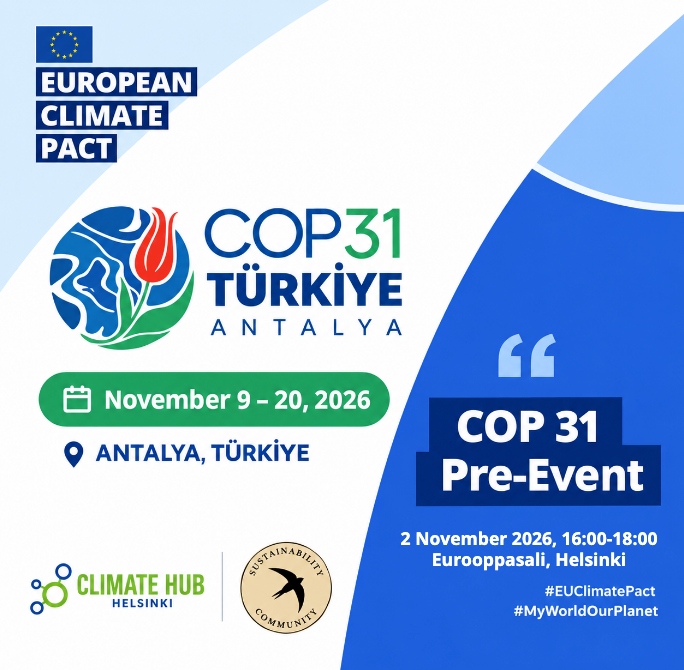 COP31 is taking place in Antalya, Türkiye, from 9–20 November 2026. Join the Climate Pact and Sustainability Community Finland in Helsinki for an introduction to the key issues of the meeting. European Climate Pact
