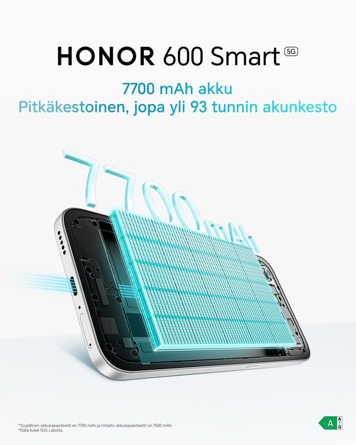 Puhelimen mainos, jossa korostetaan 7700 mAh akun kestävyyttä, jopa yli 93 tuntia. Teksti: "HONOR 600 Smart 5G".