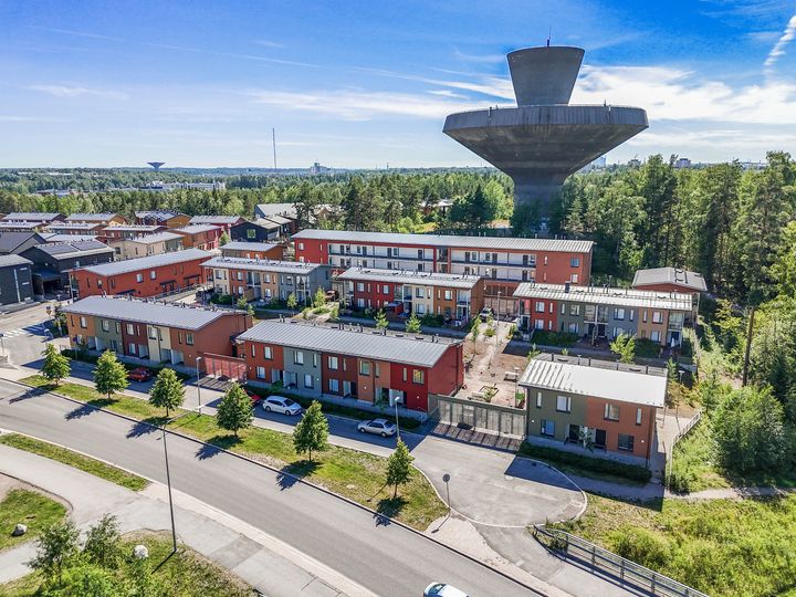 Ilmakuvassa värikkäitä paritalo-, rivitalo- kuin pienkerrostaloja.
