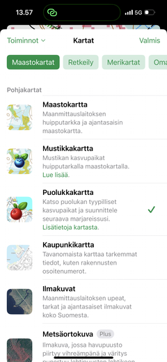 Puolukkakartta on valittavissa sovelluksen karttavalikossa kun sovellus on päivitetty uusimpaan versioon