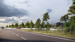 Havainnekuva:  Uusi rakennus tien vieressä metsän ympäröimänä.