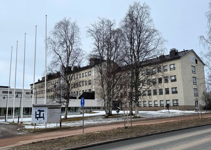 Talvimaisemassa vaaleita rakennuksia, jonka edustalla puita, ja lippusalkoja.