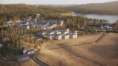 Ilmakuva ehdotuksesta Toivo: metsäinen alue järven rannalla, rakennuksia sijoitettuna pelloille.