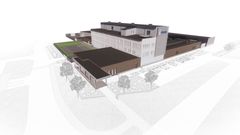 Havainnekuva Rovaniemen uudesta pääpoliisiasemasta lintuperspektiivistä. Moniosainen vaalea rakennuskokonaisuus, pysäköintialueita ja istutuksia ympäröivässä kaupunkiympäristössä. Seinässä logo ja teksti, jossa lukee poliisi.