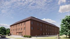 Havainnekuva punatiilisestä kerrostalosta aurinkoisena päivänä, taustalla sininen taivas ja muutama pilvi. Edessä kävelee ihmisiä ja pyöräilijä.