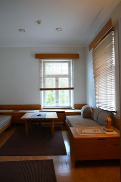 Huone, jossa on kaksi sohvaa, ikkuna puisilla sälekaihtimilla ja matto lattialla.