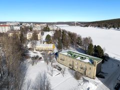 Talvinen ilmakuva kaupungista, jossa on lumen peittämiä rakennuksia ja puistikoita. Taustalla näkyy jäinen joki ja silta.