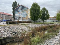 Seinään maalattu katutaideteos rakennuksessa, taustalla pilvinen taivas ja puita. Edessä kiviröykkiöitä ja kasvillisuutta.