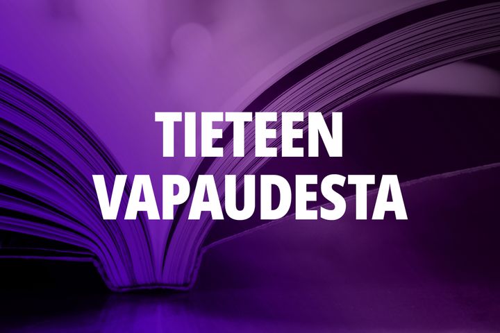 Teksti "Tieteen vapaudesta" violetin kirjan taustalla.