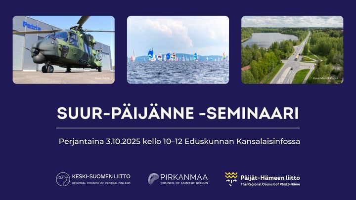 Kuva Suur-Päijänne-seminaarin mainoksesta, jossa on kolme kuvaa: helikopteri, purjeveneitä järvellä ja metsäinen jokimaisema. Tapahtuma on 3.10.2025 klo 10-12 Eduskunnan Kansalaisinfossa. Mukana Keski-Suomen liitto, Pirkanmaan liitto ja Päijät-Hämeen liitto.