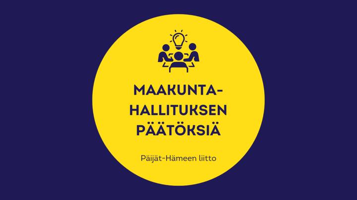 Tummansininen pohja, keskellä keltainen ympyrä, jossa teksti: Maakuntahallituksen päätöksiä. Päijät-Hämeen liitto.