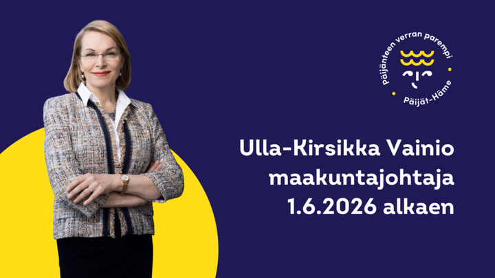 Vasemmalla naisen kuva. Oikealla teksti: Ulla-Kirsikka Vainio maakuntajohtaja 1.6.2026 alkaen.
