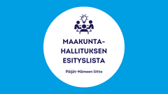 Sinisellä pohjalla valkoinen ympyrä, jossa teksti: Maakuntahallituksen esityslista, Päijät-Hämeen liitto.