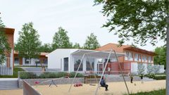 Visualisointi tulevasta pientalokohteesta Espoossa, jossa on leikkipuisto edessä ja modernit talot taustalla.