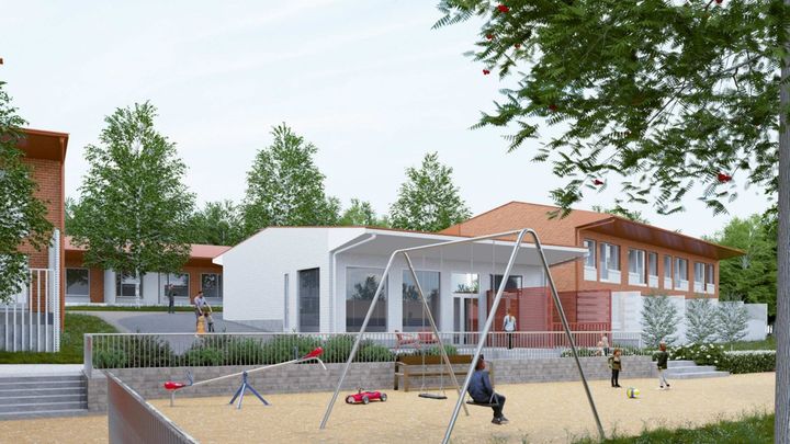 Visualisointi tulevasta pientalokohteesta Espoossa, jossa on leikkipuisto edessä ja modernit talot taustalla.