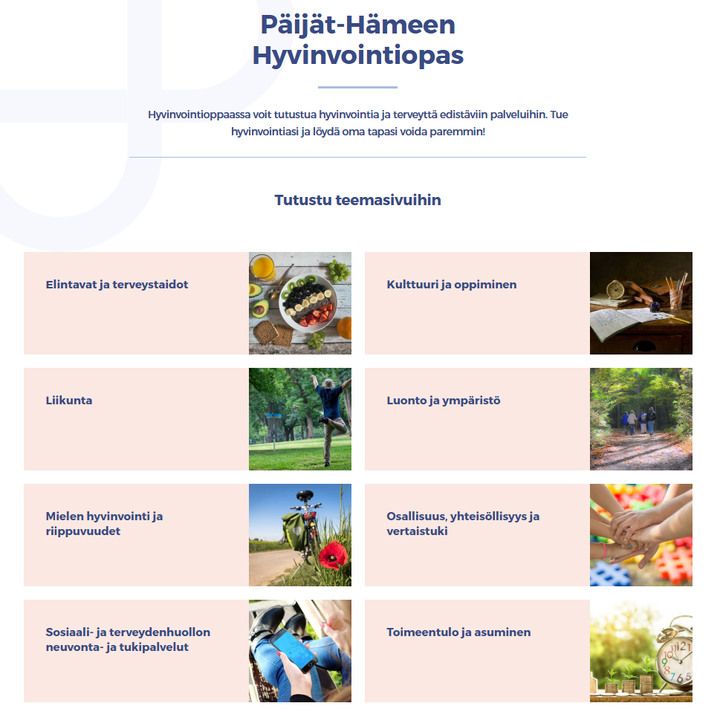 Päijät-Hämeen Hyvinvointiopas on julkaistu. Se on digitaalinen palvelutarjotin, joka kokoaa yhteen kuntien, seurakuntien, yhdistysten, järjestöjen sekä hyvinvointialueen hyvinvointia ja terveyttä edistäviä palveluja.