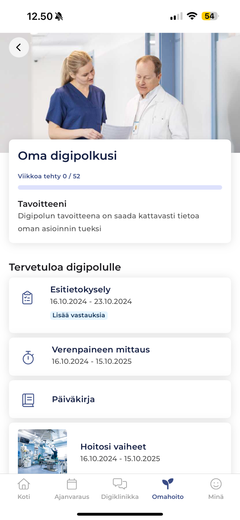 Kuvakaappaus kännykän näytöltä digihoitopolun aloitusnäkymästä.