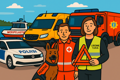 Piirroskuvassa poliisiauto, paloauto, ambulanssi, koita ja ihmisiä virkavaatteissa.