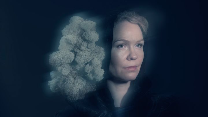 Maija Hirvanen sumuisessa maisemassa, vieressä sieniä.
