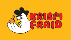 Image of a cartoon chicken holding a piece of fried food, with the text "Krispi Fraid" in bold red letters. The background is bright yellow.