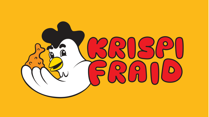 Image of a cartoon chicken holding a piece of fried food, with the text "Krispi Fraid" in bold red letters. The background is bright yellow.