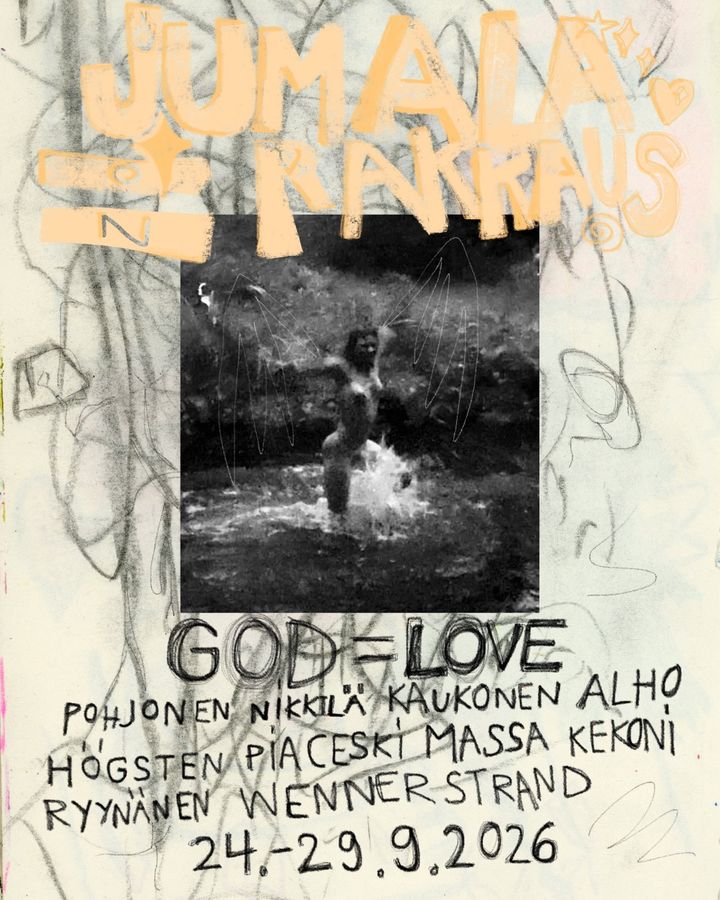 Tekstiä jossa lukee JUMALA=RAKKAUS ja GOD=LOVE sekä tekijätiedot ja esityspäivämäärät. Keskellä on hämärä mustavalkoinen kuva alastomasta henkilöstä.