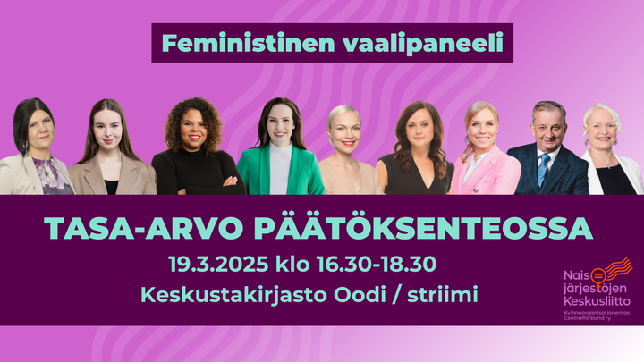 Kuvassa näkyy vaalipaneelin osallistuneiden poliitikkojen kuvat, sekä infoteksti vaalipaneelin ajankohdasta ja paikasta.