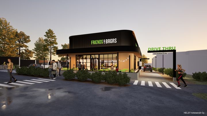 Havainnekuva Lohjalle rakennettavasta Friends & Brgrs ravintolasta
