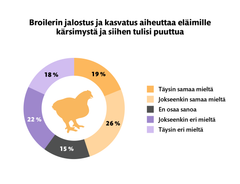 Broileribarometri 2026, infograafi: Broilerin jalostus ja kasvatus aiheuttaa eläimille kärsimystä ja siihen tulisi puuttua.