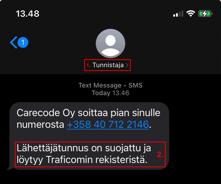 Kuvassa tekstiviesti, joka on lähetetty suojatulla lähettäjätunnuksella "Tunnistaja". Tekstiviestissä kerrotaan, että lähettäjätunnus on suojattu ja se löytyy Traficomin rekisteristä.