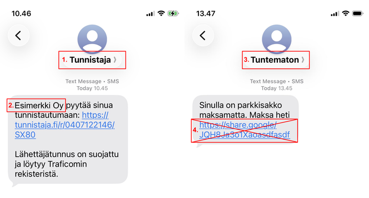 Kuvassa kaksi tekstiviestiä, joista käy ilmi miten erottaa suojatulla ja luvittamattomalla lähettäjätunnuksella lähetetyt viestit toisistaan.