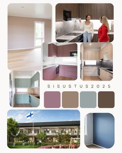 Alt text: Kollaasi vuoden 2025 sisustustrendeistä, jossa on kuvia moderneista keittiöistä, olohuoneesta ja siniseksi maalatusta huoneesta. Alareunassa on kuva modernista asuinrakennuksesta, jonka edessä on kukkia ja Suomen lippu.