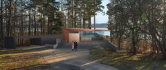 Rinteeseen sijoittuva moderni museorakennus Tarvaspään niemessä.