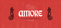 Exhibition poster. Black and white text on a red background: Con Amore – Akseli Gallen-Kallela's graphic art 14.2.–31.5.2026. Black decorative patterns on both sides of the text.