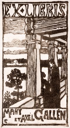Ex libris image depicting a couple standing with their backs to the viewer, looking out at a lake landscape and the opposite shore from the porch of a house. The text "Ex libris" appears at the top, and "Mary et Axel Gallén" at the bottom. Black-and-white woodcut by Akseli Gallen-Kallela from 1896.