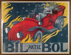 En färgglad stenlitografi av Akseli Gallen-Kallela från 1907, som föreställer en röd bil som kör i hög hastighet. Bilen körs av en manlig figur som håller fast en naken kvinnlig figur som sitter bredvid honom. Små stjärnor syns i bakgrunden och gula lågor omger bilen. Längst ner står texten ”BIL AKTIE BOL”.