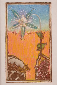 Akseli Gallen-Kallela's colour woodcut "Death and the Flower" from 1896. At the bottom, only part of the figure of a skeleton wearing a wreath on his head is visible. In the centre of the work is the flower in the figure's hand, with blue and orange in the background. Bright, contrasting colors.