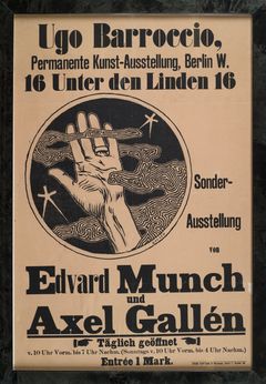 Poster designed by Akseli Gallen-Kallela for the 1895 exhibition featuring works by Edvard Munch and Axel Gallén. The poster has a black-and-white image in the center depicting a reaching hand. There is black text in German on a light background.