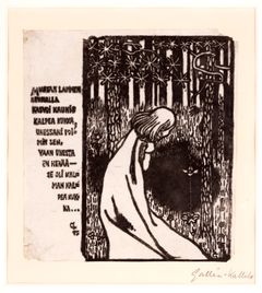 Akseli Gallen-Kallela's black-and-white woodcut "Flower of Death" from 1895. In the picture, a child standing with his back to the viewer on the bank of a small pond is looking at a flower growing in front of him. In the background is a forest, and behind a tree peeks out the figure of a skeleton man. On the left side is text in the form of a poem in Finnish.