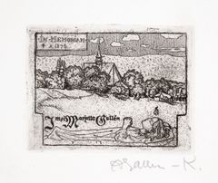 Etsning och akvatint som föreställer ett lantligt landskap med en kyrka. I förgrunden ligger ett barn med slutna ögon och korslagda armar. Överst står texten ”In Memoriam A. 1897” och längst ner ”Impi Marjatta Gallen”.