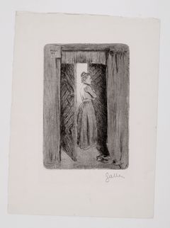 Akseli Gallen-Kallela's black-and-white work "Mary Gallén at the Door of the Larder" from 1901. In the center of the picture is a woman standing in the doorway. The woman is depicted in profile, looking to the right. In the upper left corner is the text "Kalela 1901."