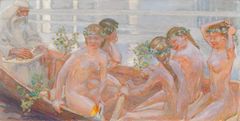An oil painting depicting Väinämöinen, a character from Kalevala, sitting in a boat. In the foreground, five young women sit in the boat, two of whom are rowing. The nude women wear flower wreaths on their heads. Väinämöinen, dressed in light-colored clothing, has a long white beard and holds a kantele made from pike jawbones in his lap. Birch twigs are in the boat. The water’s surface is in the background.