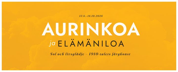 Utställningsdesign. På den gula bakgrunden syns moln samt svartvit text: ”Aurinkoa ja elämäniloa. Sol och livsglädje – 1910-talets färgkonst, 12.6.–18.10.2026”