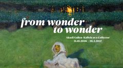 In the background, a detail from a painting showing a white sphinx figure sitting on a green meadow in front of a dark forest. Above it, the title of the exhibition is written in white text.