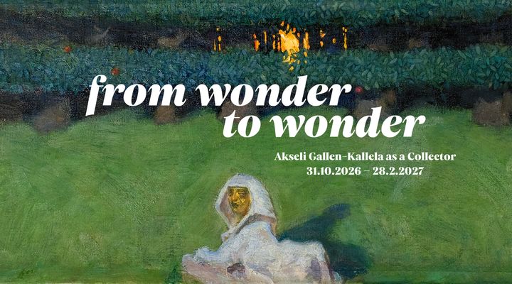 In the background, a detail from a painting showing a white sphinx figure sitting on a green meadow in front of a dark forest. Above it, the title of the exhibition is written in white text.