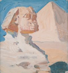 A painting in light tones depicting the Egyptian Sphinx and the pyramids against a blue sky.