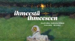 Taustalla yksityiskohta maalauksesta, jossa valkoinen sfinksi-hahmo istuu vihreällä niityllä tumman metsän edessä. Päällä valkoisella tekstillä näyttelyn nimi.