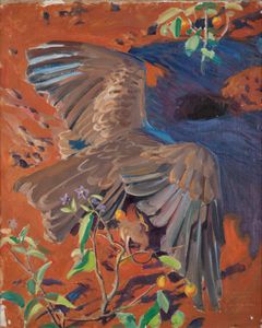 In the painting, a hawk dives, wings outstretched, towards a mouse on the ground in a brownish-red landscape.