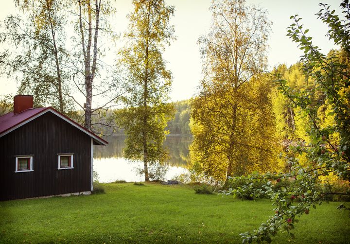Puinen mökki järven rannalla syksyisessä maisemassa.